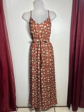 Floral Rust Spaghetti-Strap Jumpsuit with Tie Waist
